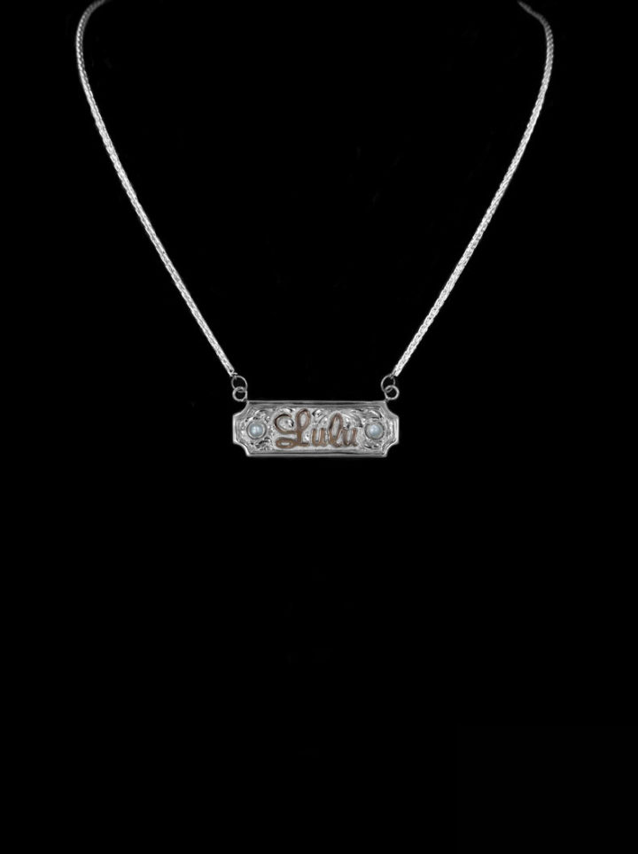 Custom Name Necklave with Bright Silver Engraved Scrolls & Rose Gold Lettering set with Pearl RimRock Stones
