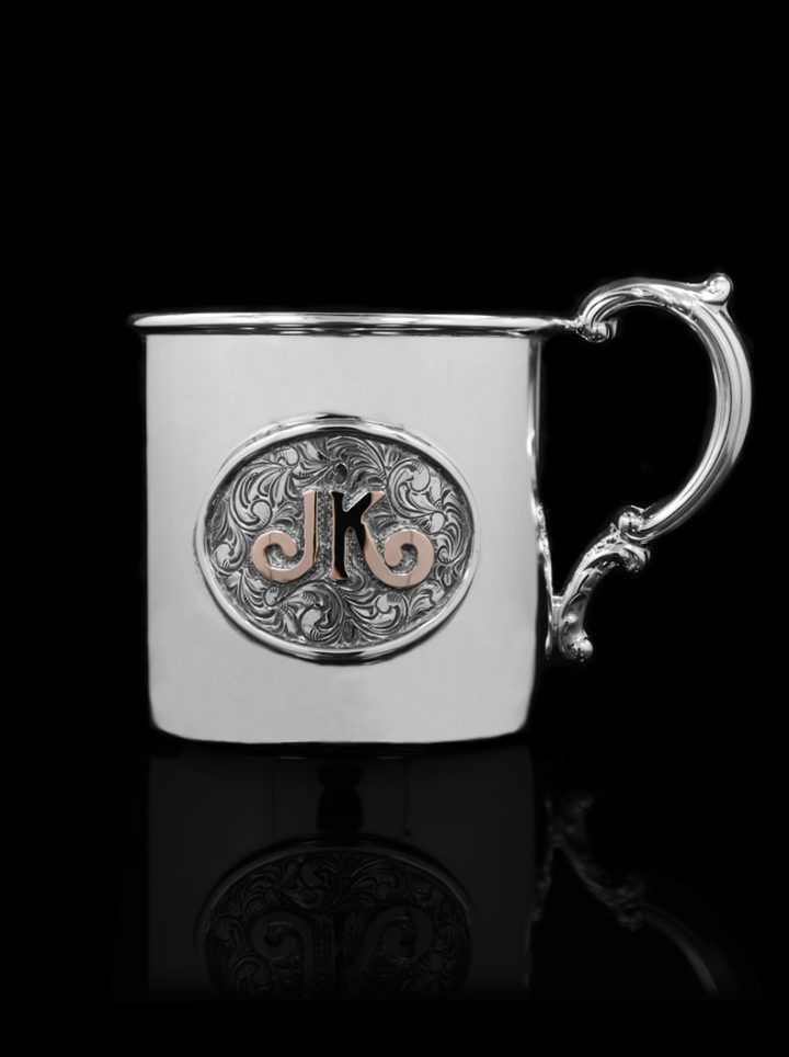 Sterling Silver Cup with Vintage Engraved Silver Scroll Name Plate with Rose Gold Lettering