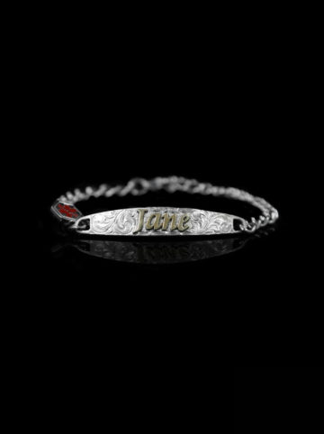 Medical Bracelet with Bright Engraved Scrolls and Yellow Gold Name, Medical Alert Charm