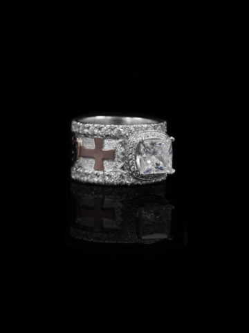 Silver Ring with Rose Gold Lettering & Scrolls with a Crystal Clear Cz Square Halo Setting