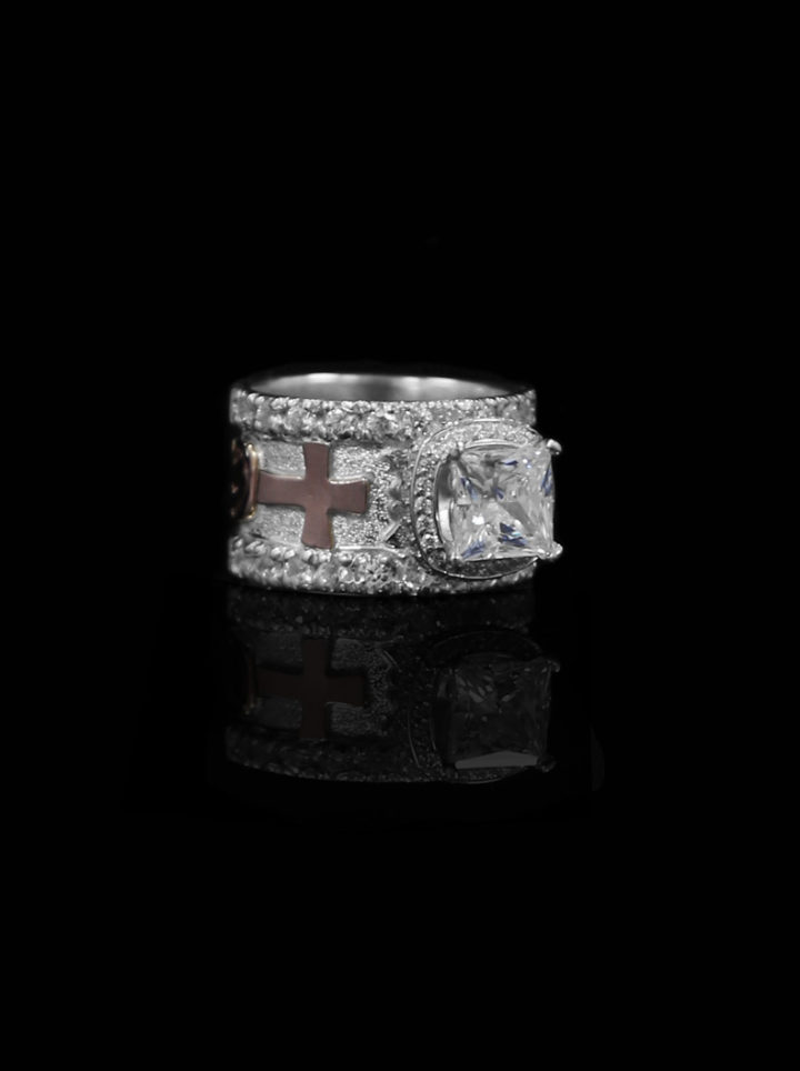 Silver Ring with Rose Gold Lettering & Scrolls with a Crystal Clear Cz Square Halo Setting