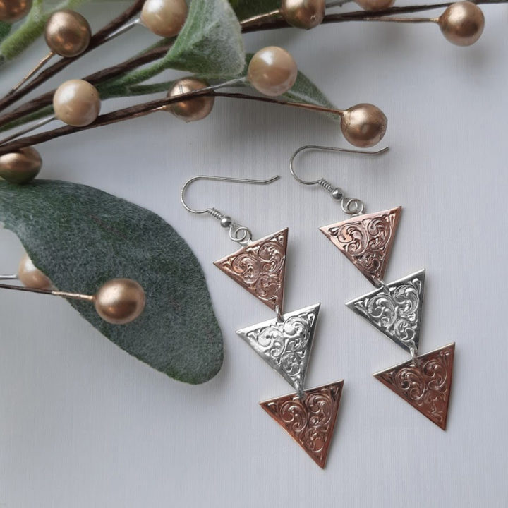 Silver & Rose Gold Trio Triangle Earrings