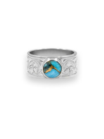 Bright SIlver Engraved Scrolls bezel set with Blue Turquoise with Copper Matrix Stone