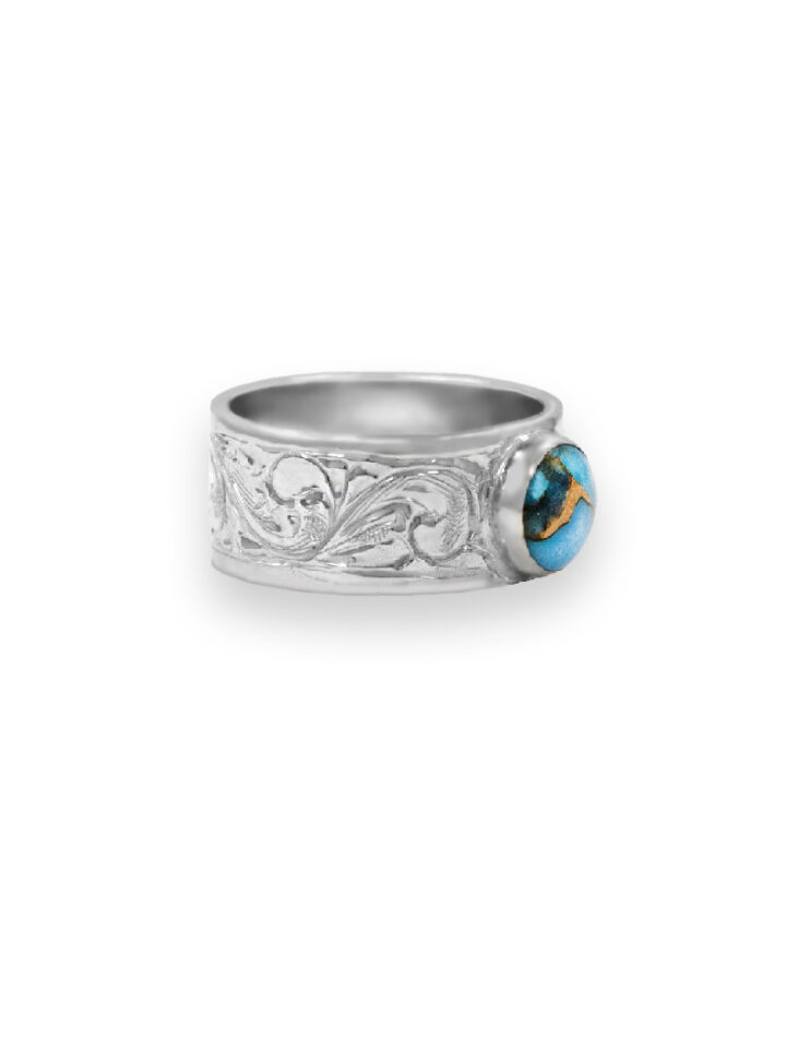 Bright SIlver Engraved Scrolls bezel set with Blue Turquoise with Copper Matrix Stone