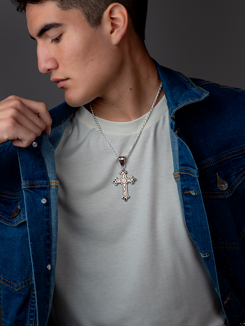 Silver & Rose Gold Sovereign Cross Pendant with Scroll Design