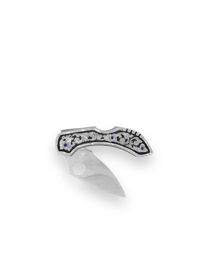 KN006S-SB Small Decorated Straight Blade Pocket Knife w/ Silver & Sapphire Blue Accents