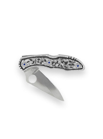 KN007S-SB Large Decorated Straight Blade Pocket Knife w/ Silver & Sapphire Blue Accents