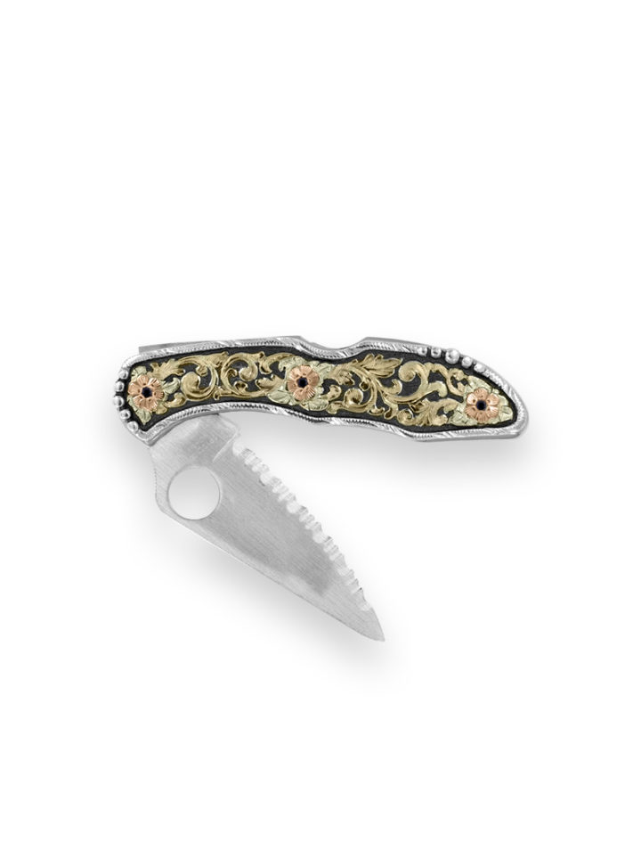 KN010G-BB Large Decorated Serrated Blade Pocket Knife w/ Gold & Blackest Black Accents