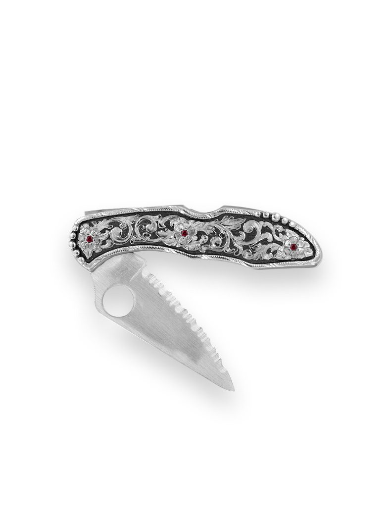 Large Decorated Serrated Blade Pocket Knife - Hyo Silver