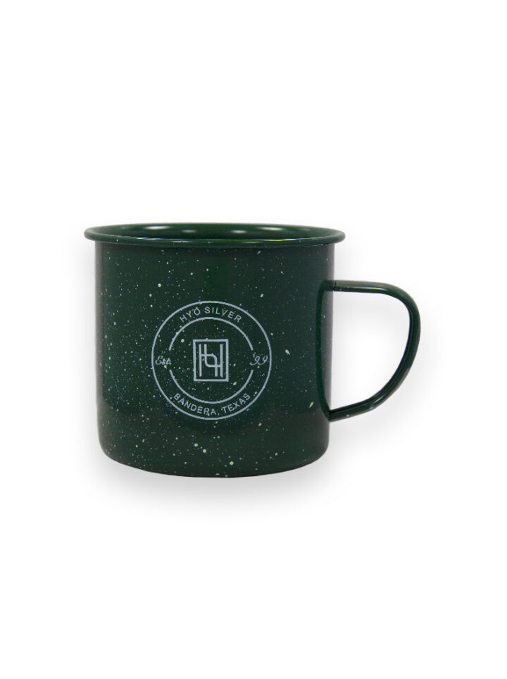 Happy Camper Mug Dark Green metal mug with Hyo Silver Logo in white