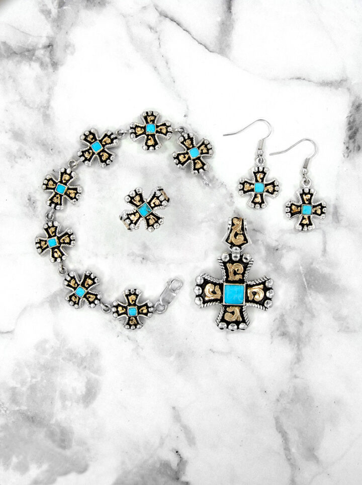 Chopper Cross Set- YG Scroll with Black Background, Turquoise Stone