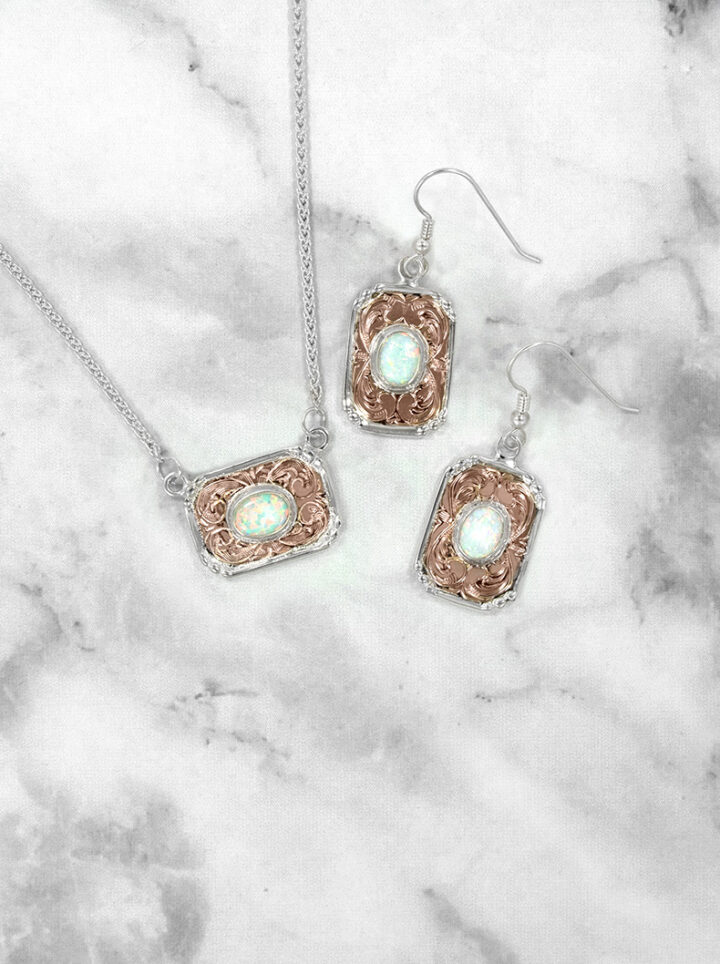 Southwest Opal Set Rose Gold Engraved with Created Opal Stone