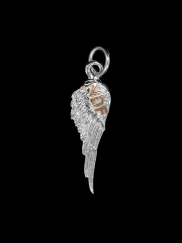 Custom Angel Wing Pendant, Bright Engraved Background, Rose Gold Scrolls