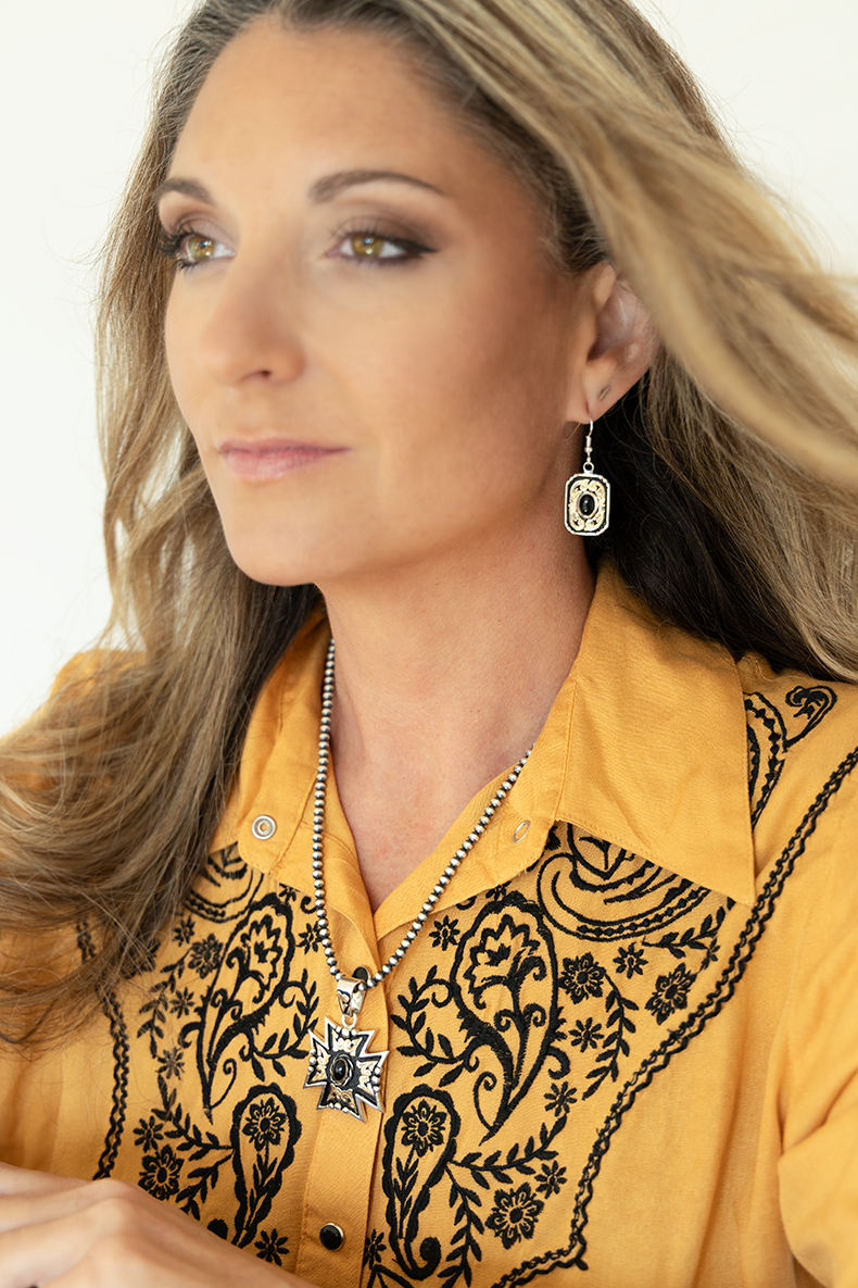 Medium RimRock⢠Maltese Cross Pendant & RimRock⢠Southwest Style Earrings on Model
