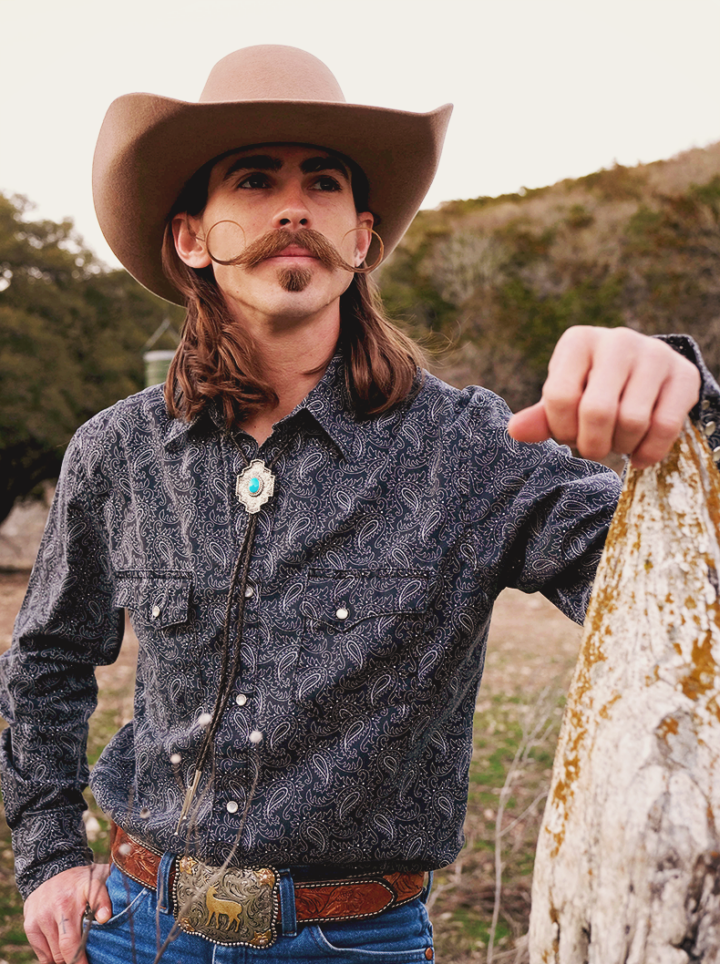 Johnny Bolo Tie with Blue Turquoise on Model