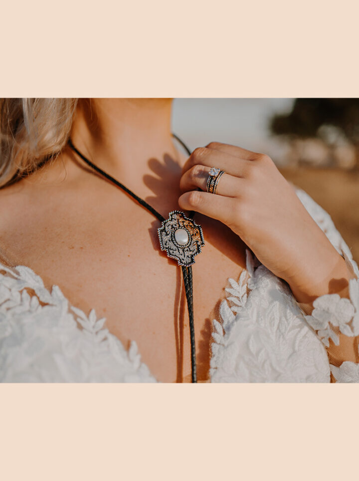 Eastwood Bolo Tie with Pearl on model