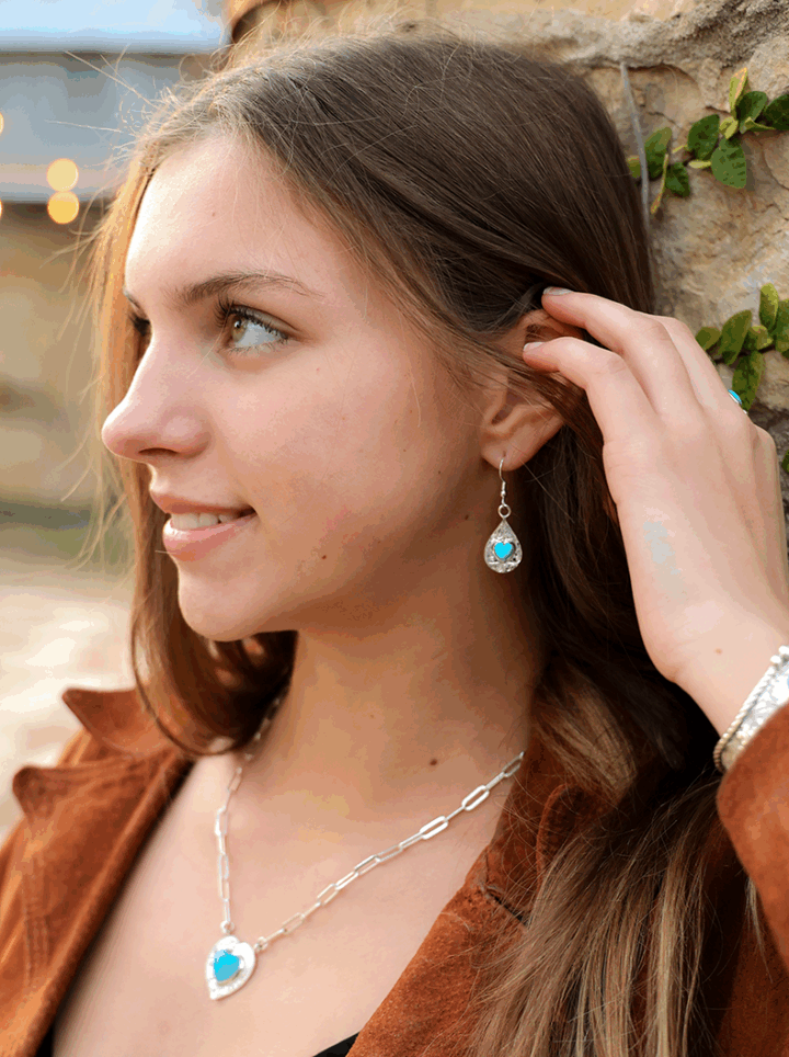 Turquoise Heart Silver Drop Earrings