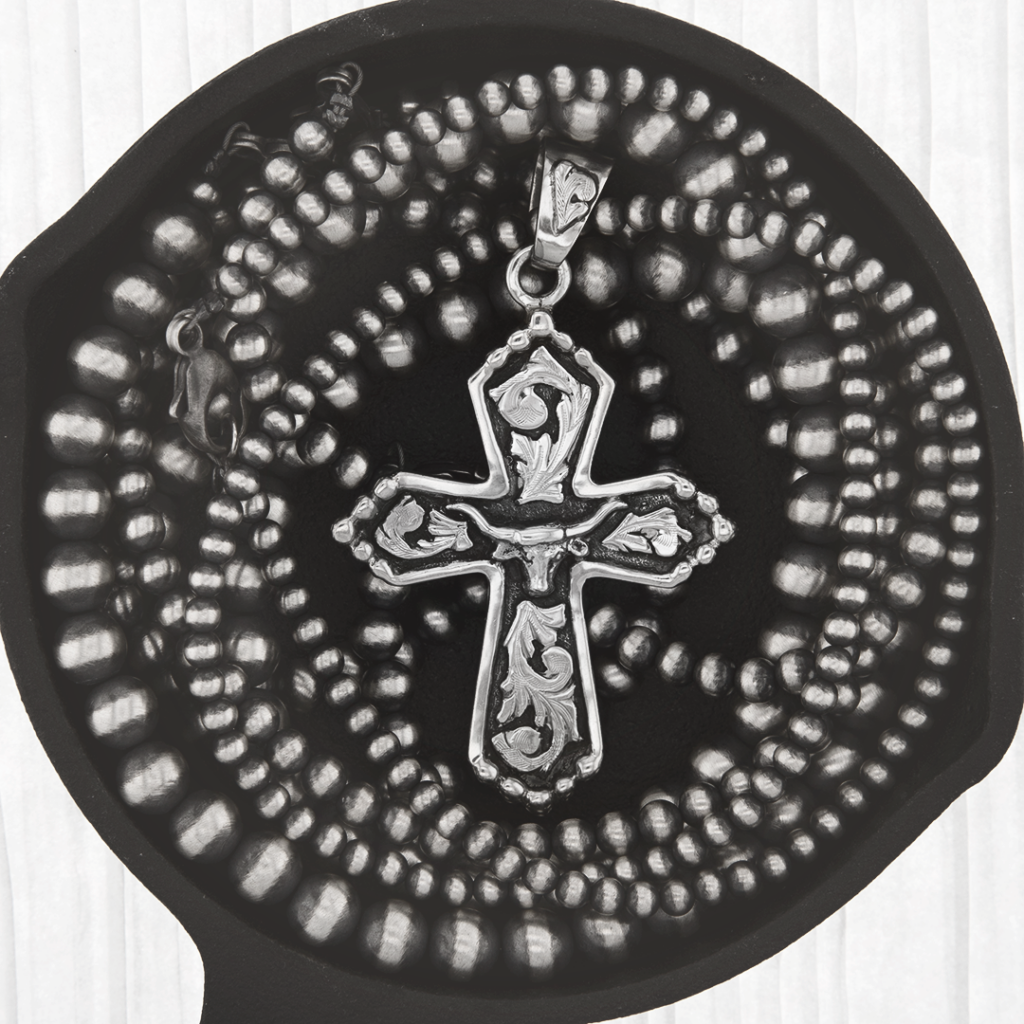 Longhorn Cross Pendant with Navajo Pearls Flatlay Image