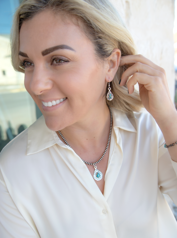 Product Image of a model wearing Texas Lago Earrings and Pendant