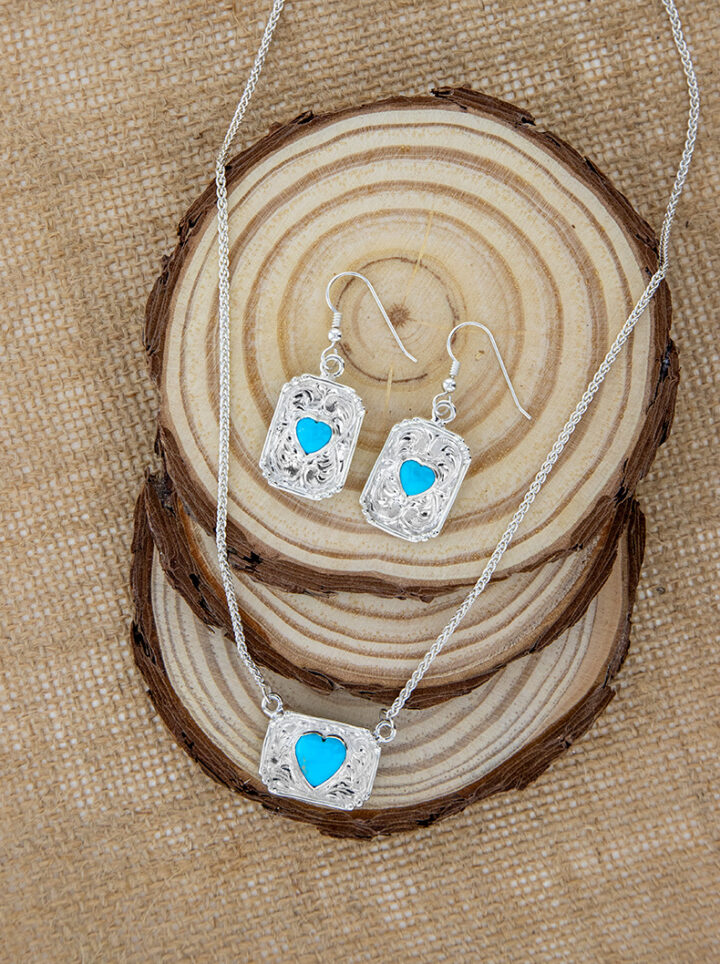 Framed Turquoise Heart Necklace & Earrings Flatlay