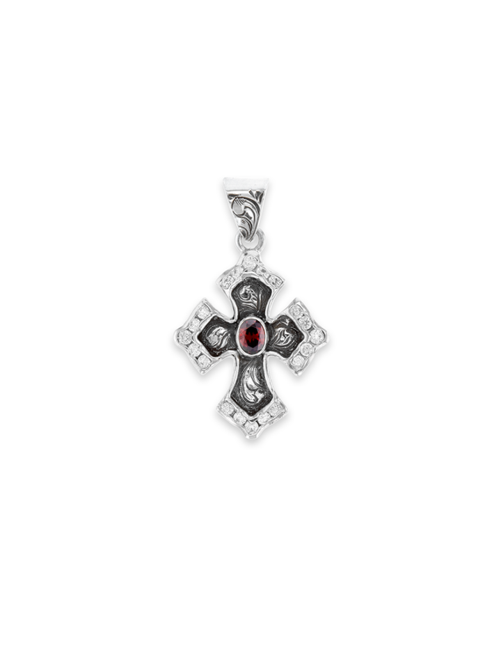 PNX050 Garnet & Crystal Silver Cross Pendant Product Image