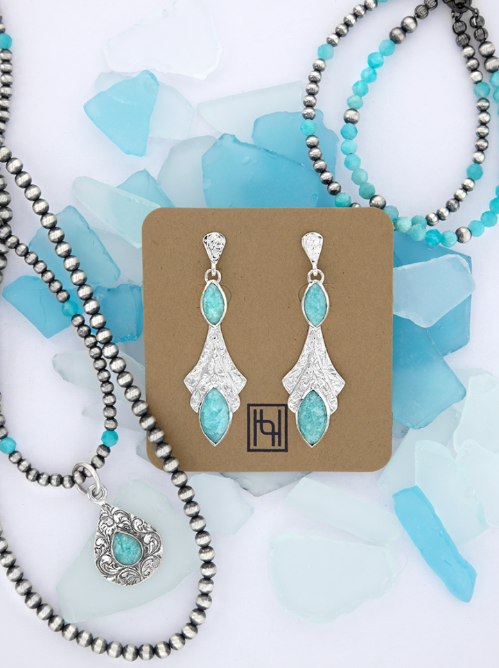 Flat lay amazonite marquee turquoise earrings