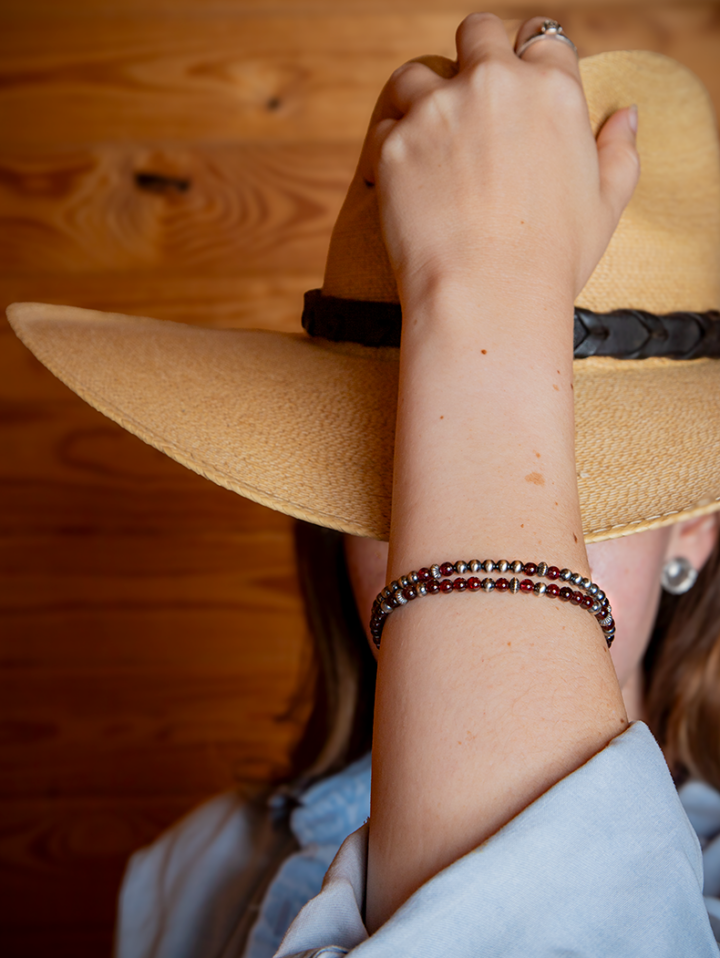 Navajo Garnet Beaded bracelet on a model