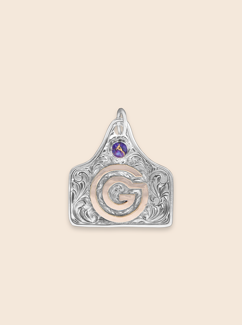 Custom Large Cow Tag with Purple Stone