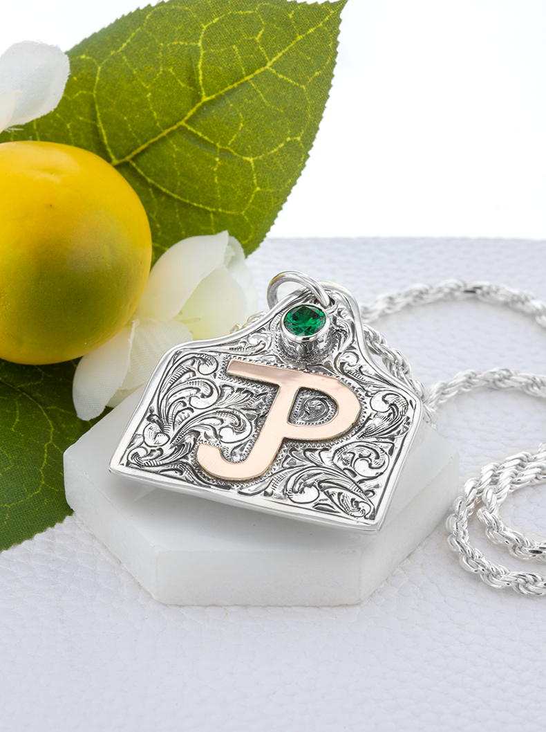 Large Cowtag Pendant with Emerald Stone