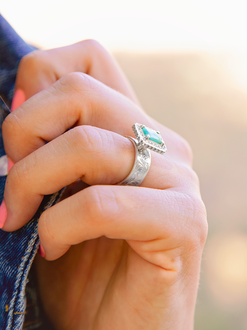 RRR029 Turquoise Halo Ring Side on Model